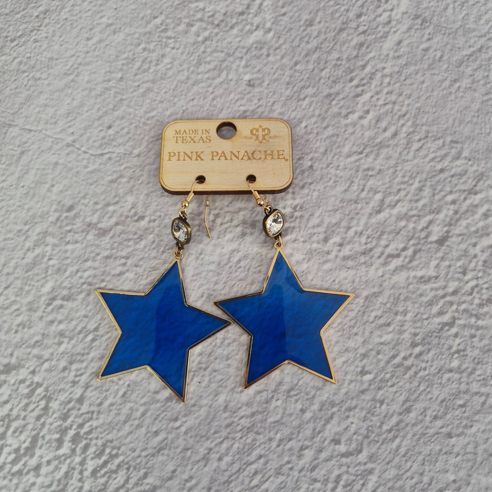 Pink Panache Blue Star Dangle Earrings Gold Tone Crystal Texas Made Cowboys